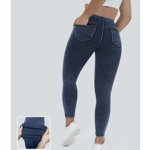 Halara Leggings Womens Medium Blue Denim Back Pockets High Rise Stretch Pants - Picture 3 of 9